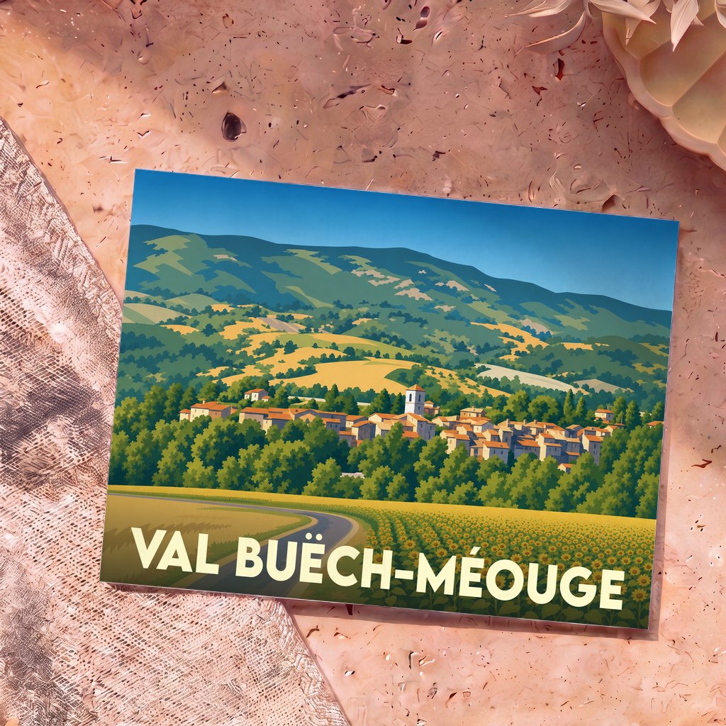 Carte postale souvenir de Val Buëch-Méouge présentant une illustration stylisée d'un village provençal niché entre collines verdoyantes et champs de tournesols.