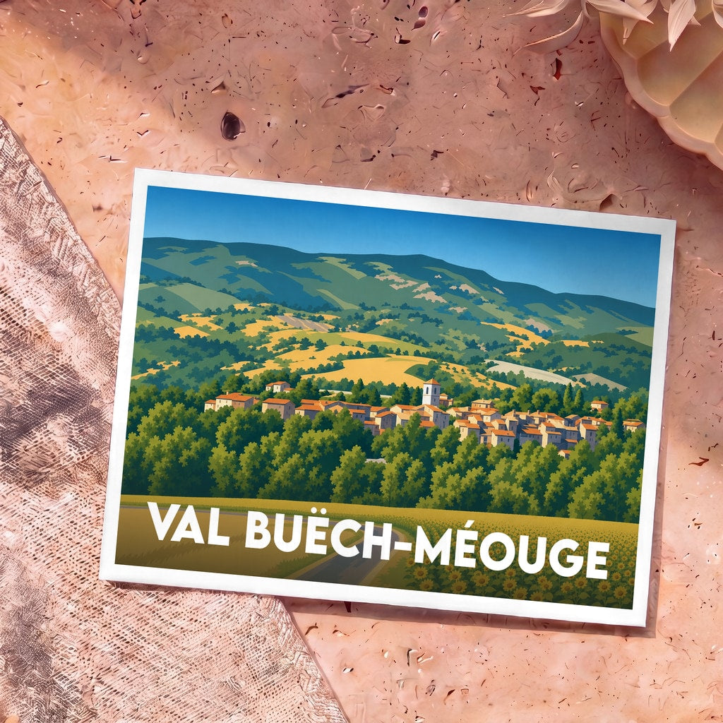 Carte postale souvenir de Val Buëch-Méouge présentant une illustration stylisée d'un village provençal niché entre collines verdoyantes et champs de tournesols.