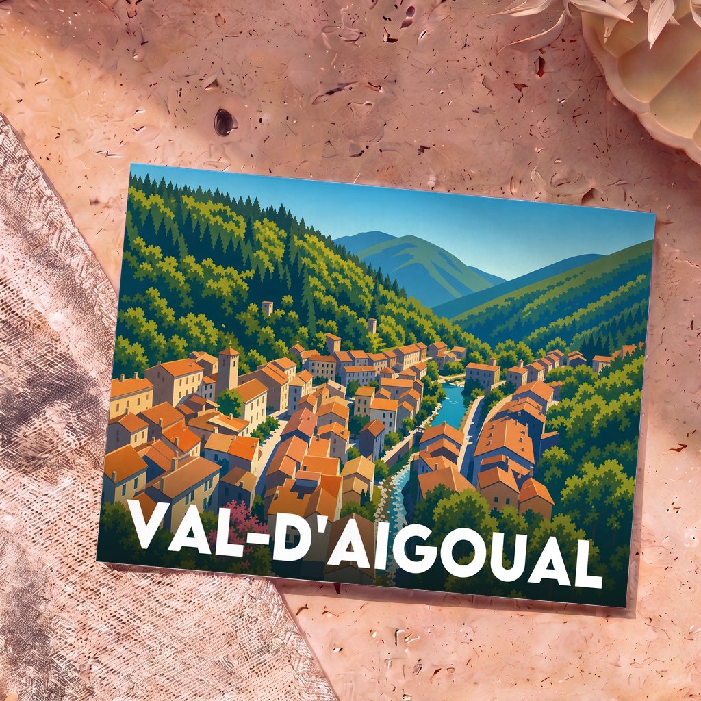 Carte postale souvenir de la ville de Val-d'Aigoual illustrée d'un village pittoresque niché dans une vallée montagneuse.