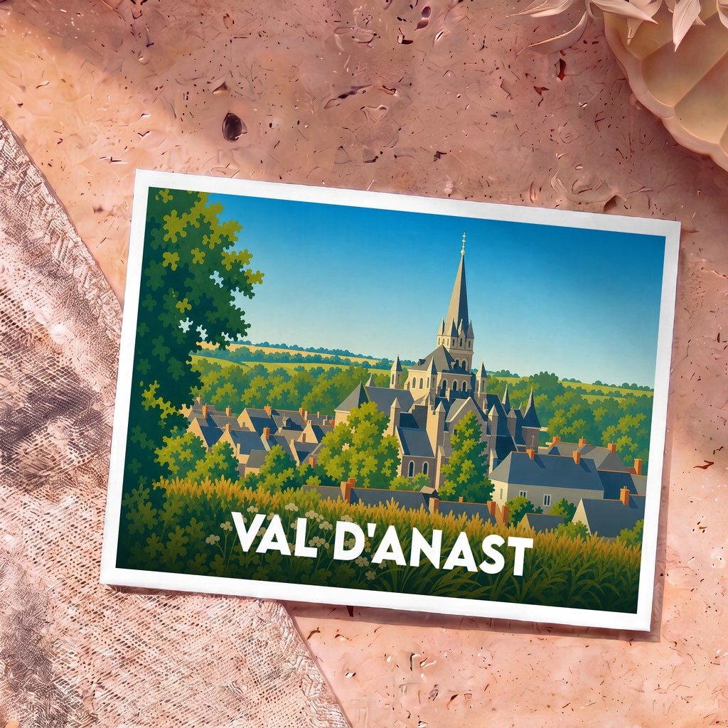 Carte postale souvenir de la ville de Val d'Anast avec une illustration stylisée de son église et de ses maisons.
