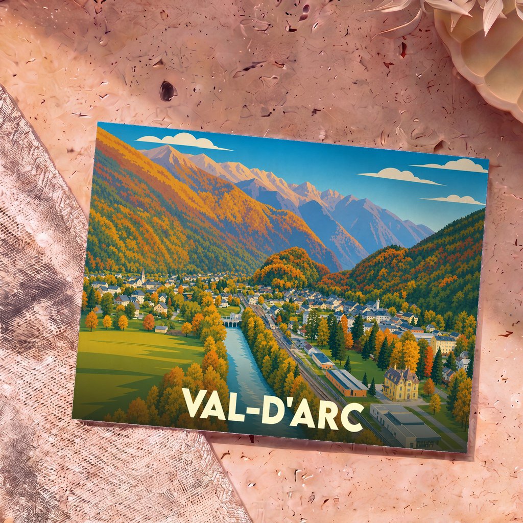 Carte postale souvenir de la ville de Val-d'Arc illustrant un paysage de montagne automnal au style rétro.
