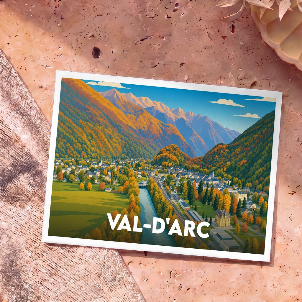 Carte postale souvenir de la ville de Val-d'Arc illustrant un paysage de montagne automnal au style rétro.