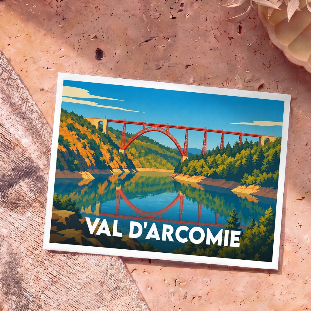 Carte postale souvenir de la commune de Val d'Arcomie avec une illustration stylisée du viaduc de Garabit.