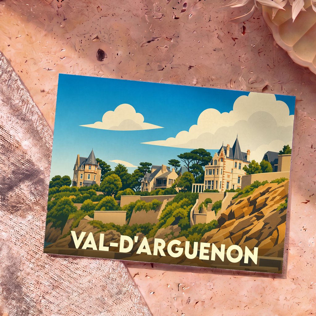 Carte postale souvenir de la ville de Val-d'Arguenon illustrant des villas côtières dans un style graphique épuré.