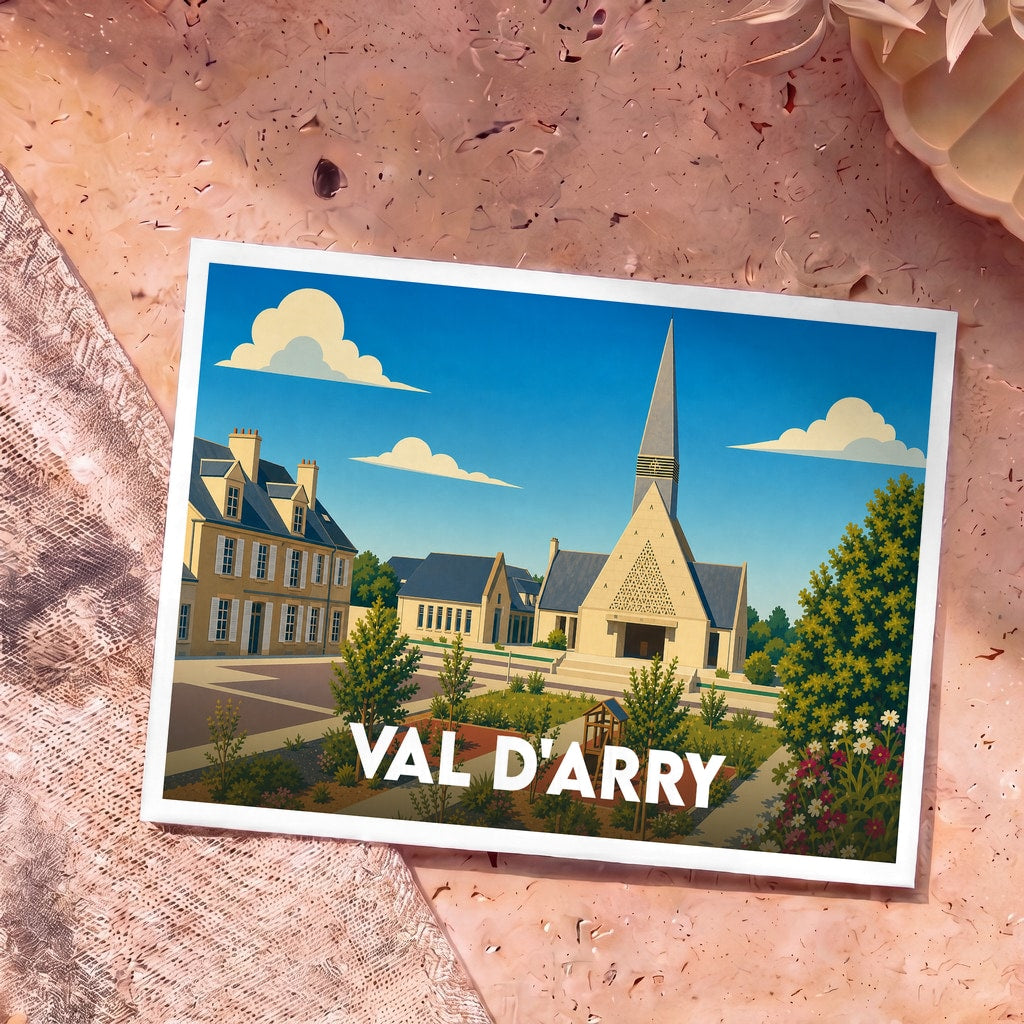 Carte postale souvenir de la ville de Val d'Arry avec une illustration stylisée de son architecture.