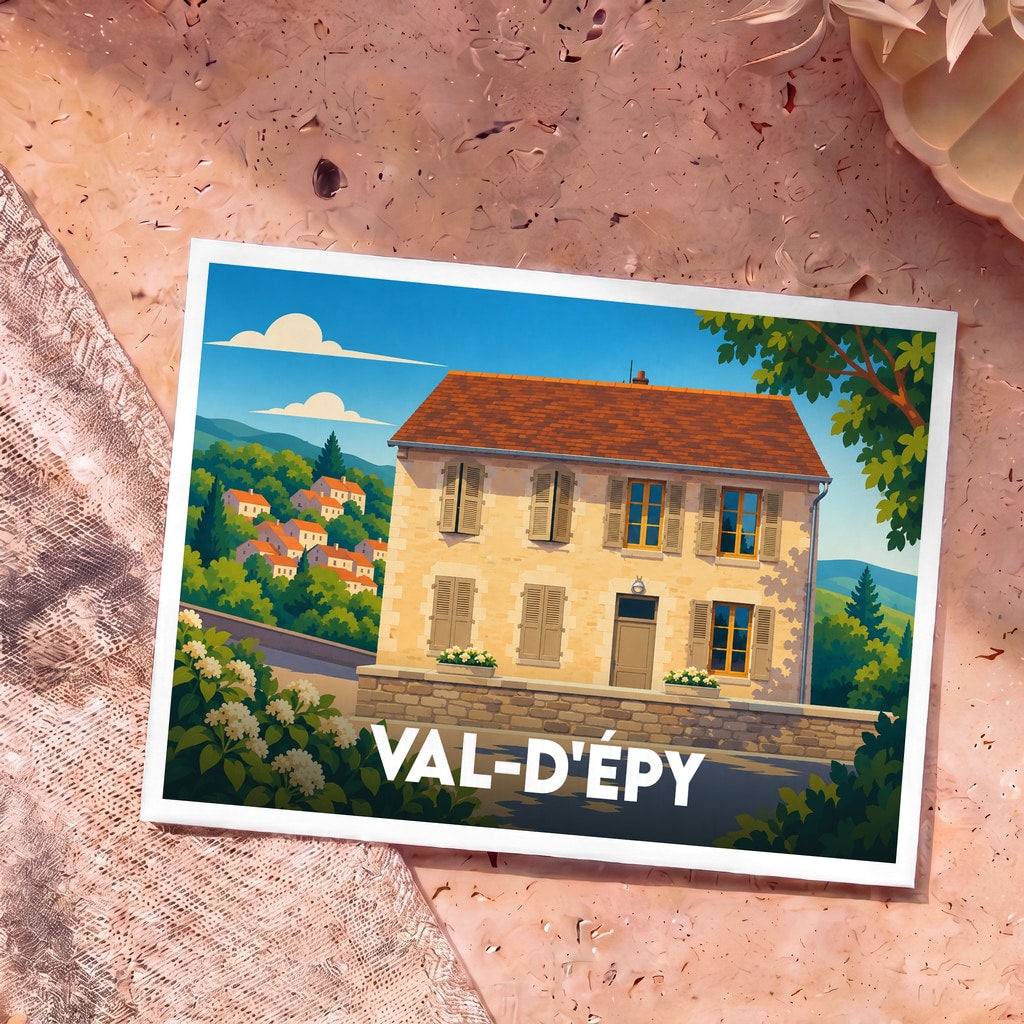 Carte postale souvenir de la ville de Val-d'Épy avec une illustration stylisée d'une maison de village.