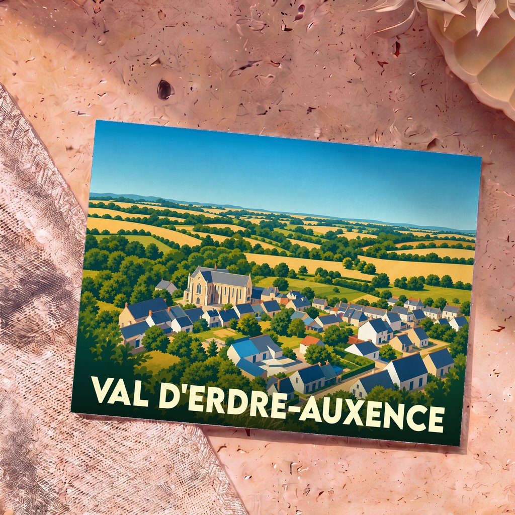 Carte postale souvenir de la ville de Val d'Erdre-Auxence avec une illustration stylisée d'un village français et de ses collines environnantes.