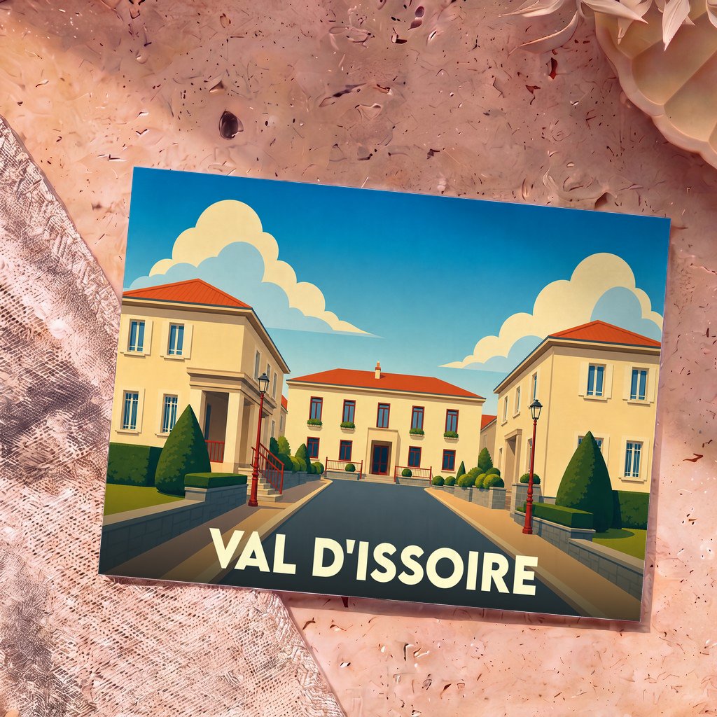 Carte postale souvenir de la ville de Val d'Issoire avec une illustration stylisée de bâtiments locaux.