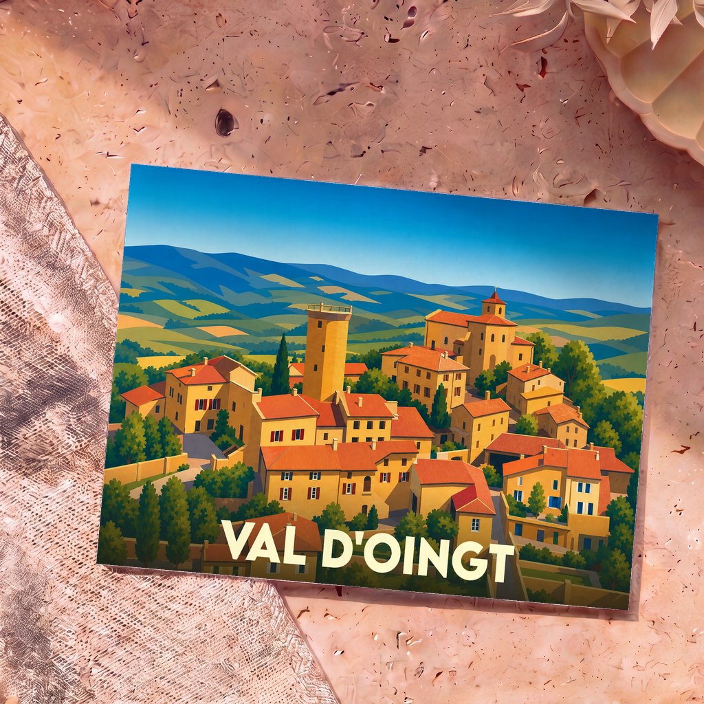Carte postale souvenir de la ville de Val d'Oingt avec une illustration stylisée et colorée du village médiéval.