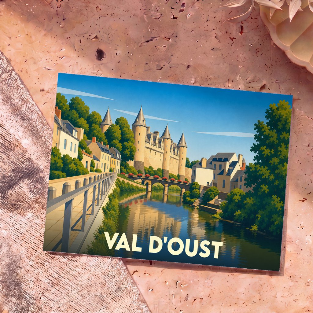 Carte postale souvenir de la ville de Val d'Oust avec une illustration stylisée d'un château en bord de rivière.