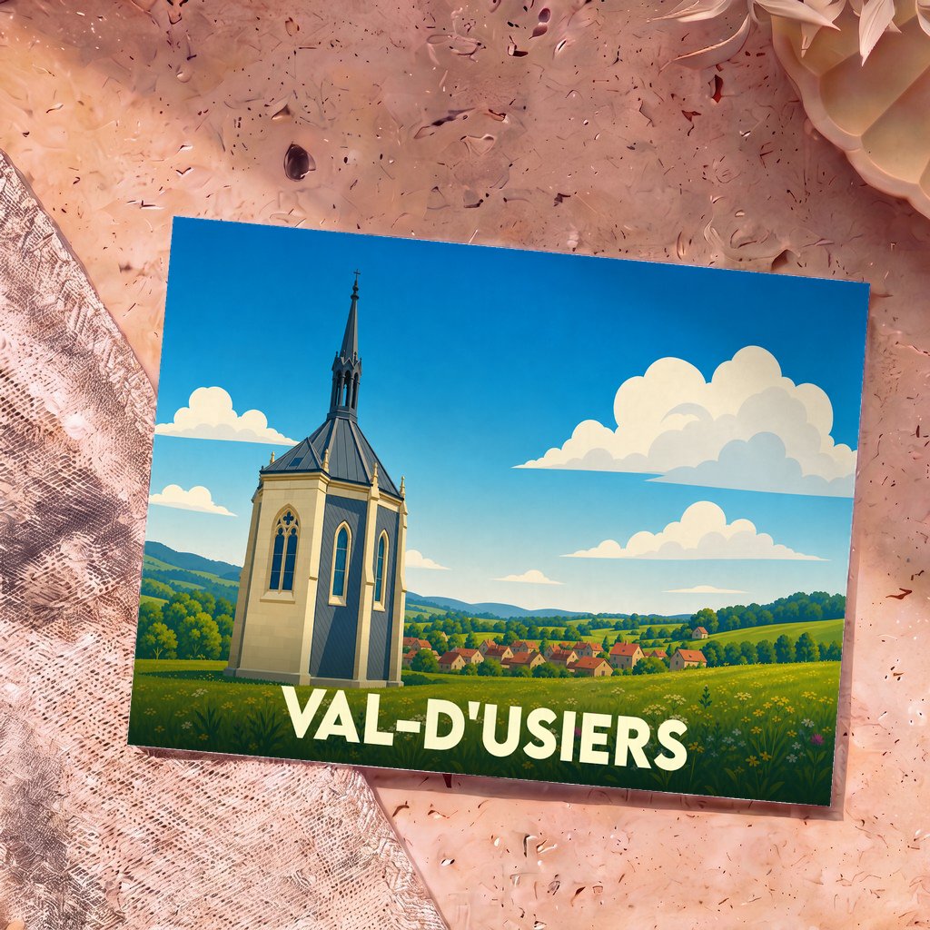 Carte postale souvenir de la ville de Val-d'Usiers avec une illustration stylisée de sa chapelle et de son paysage vallonné.
