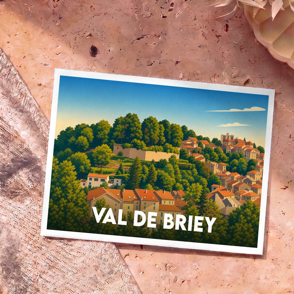 Carte postale souvenir de la ville de Val de Briey avec une illustration stylisée de ses maisons à flanc de colline boisée.