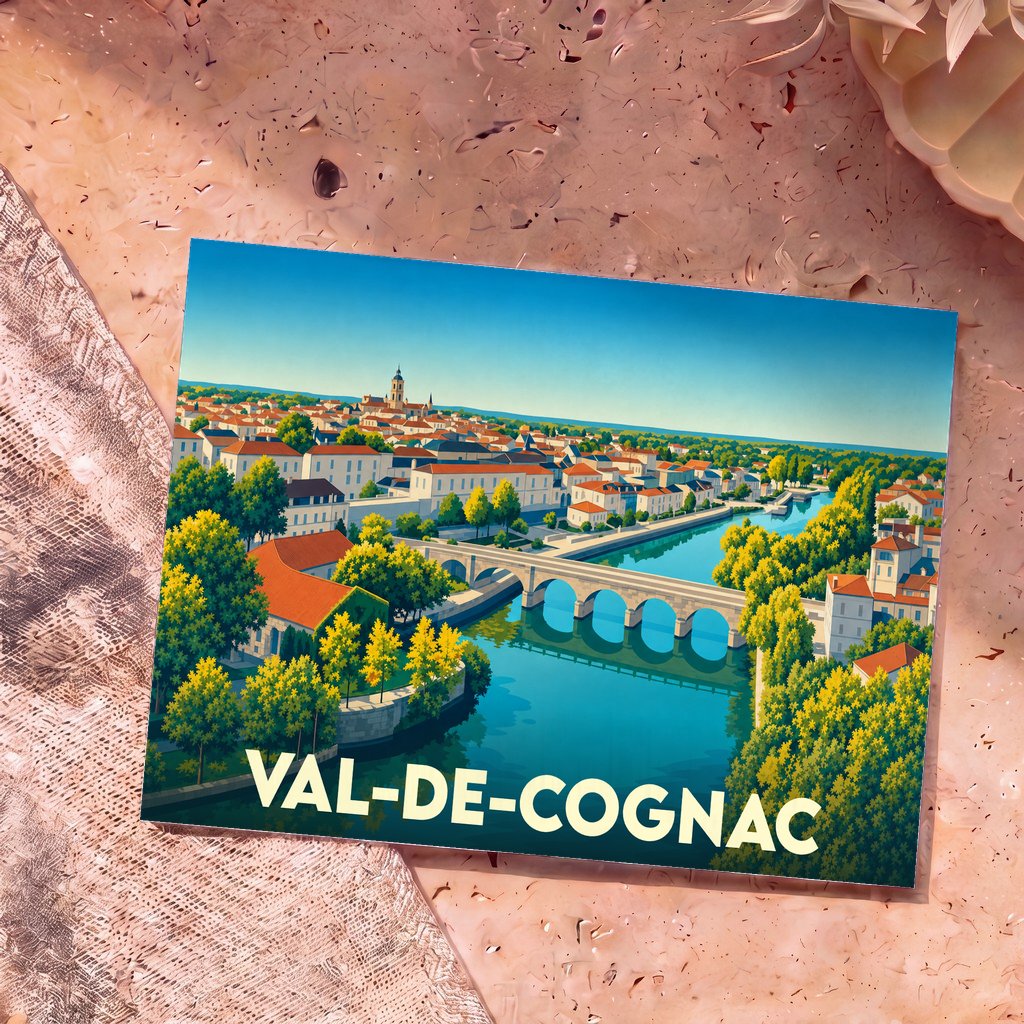 Carte postale souvenir de la ville de Val-de-Cognac avec une illustration stylisée d'un pont en pierre enjambant une rivière.