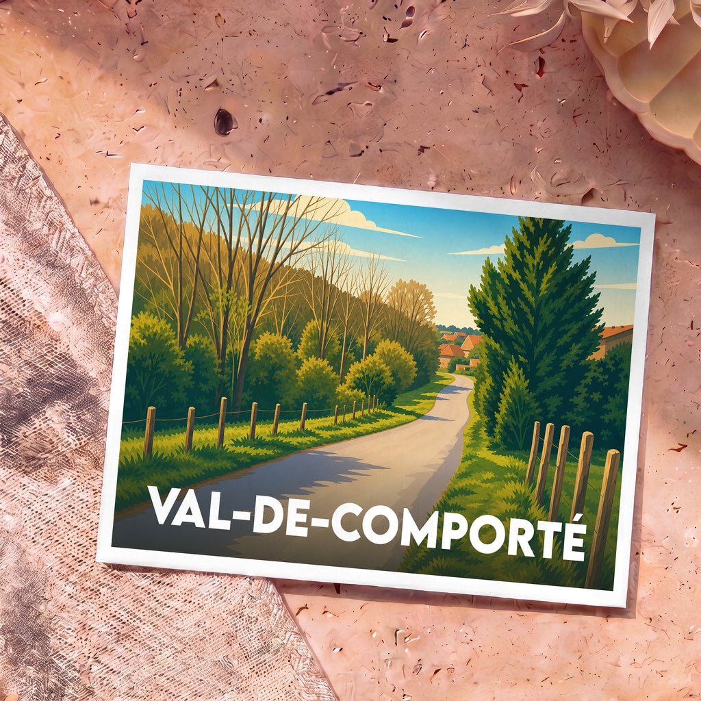 Carte postale souvenir de Val-de-Comporté représentant une route de campagne arborée dans un style graphique rétro.
