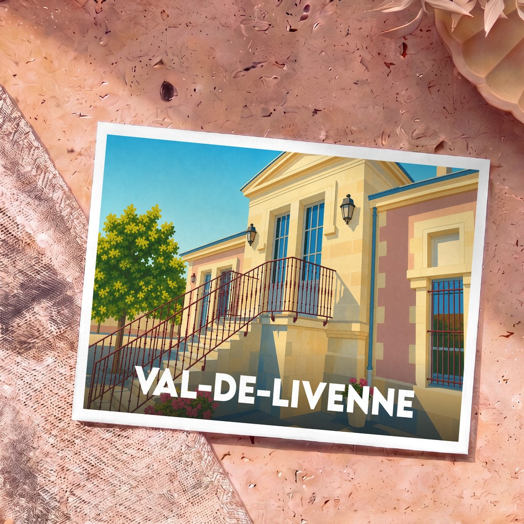 Carte postale souvenir de la ville de Val-de-Livenne avec une illustration stylisée de sa mairie.