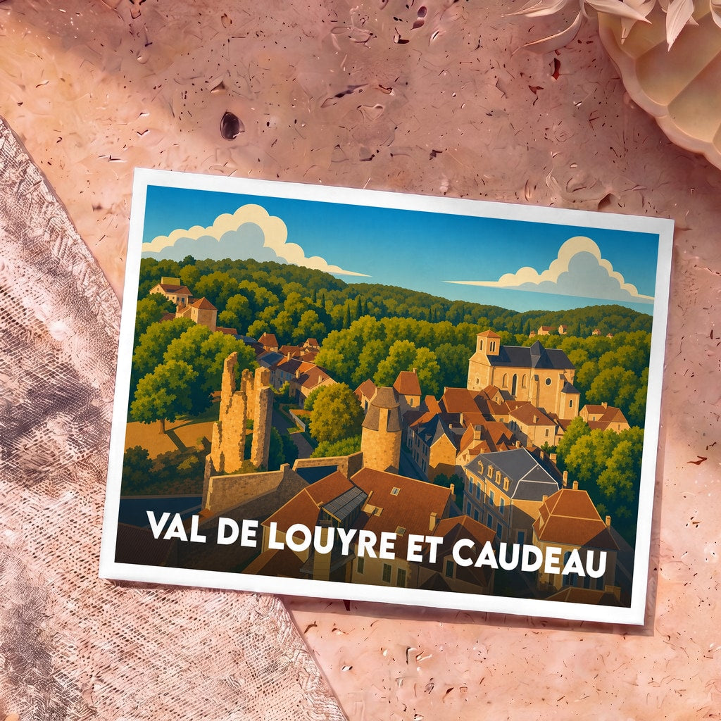 Carte postale souvenir de la ville de Val de Louyre et Caudeau avec une illustration stylisée d'un village pittoresque.