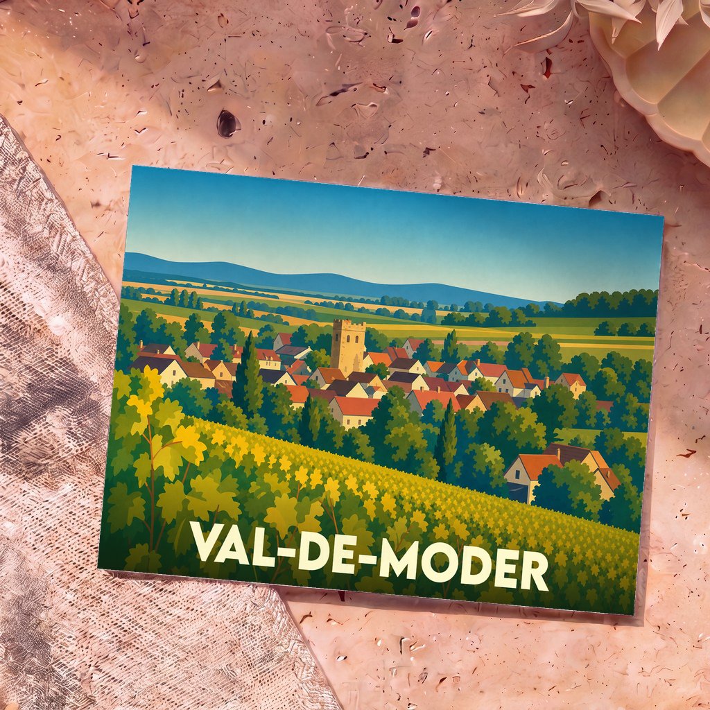 Carte postale souvenir de Val-de-Moder avec une illustration stylisée de son village et ses vignobles.