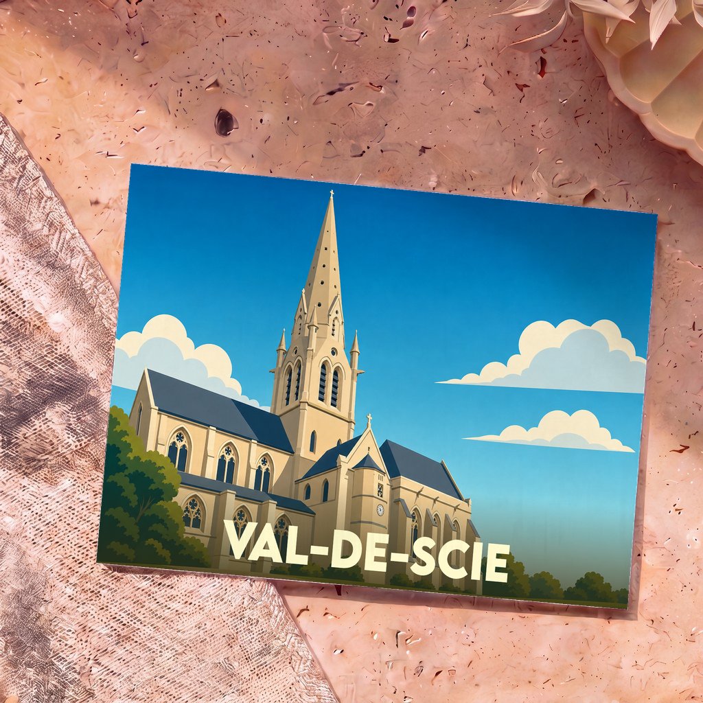 Carte postale souvenir de la ville de Val-de-Scie représentant son église avec une illustration stylisée.