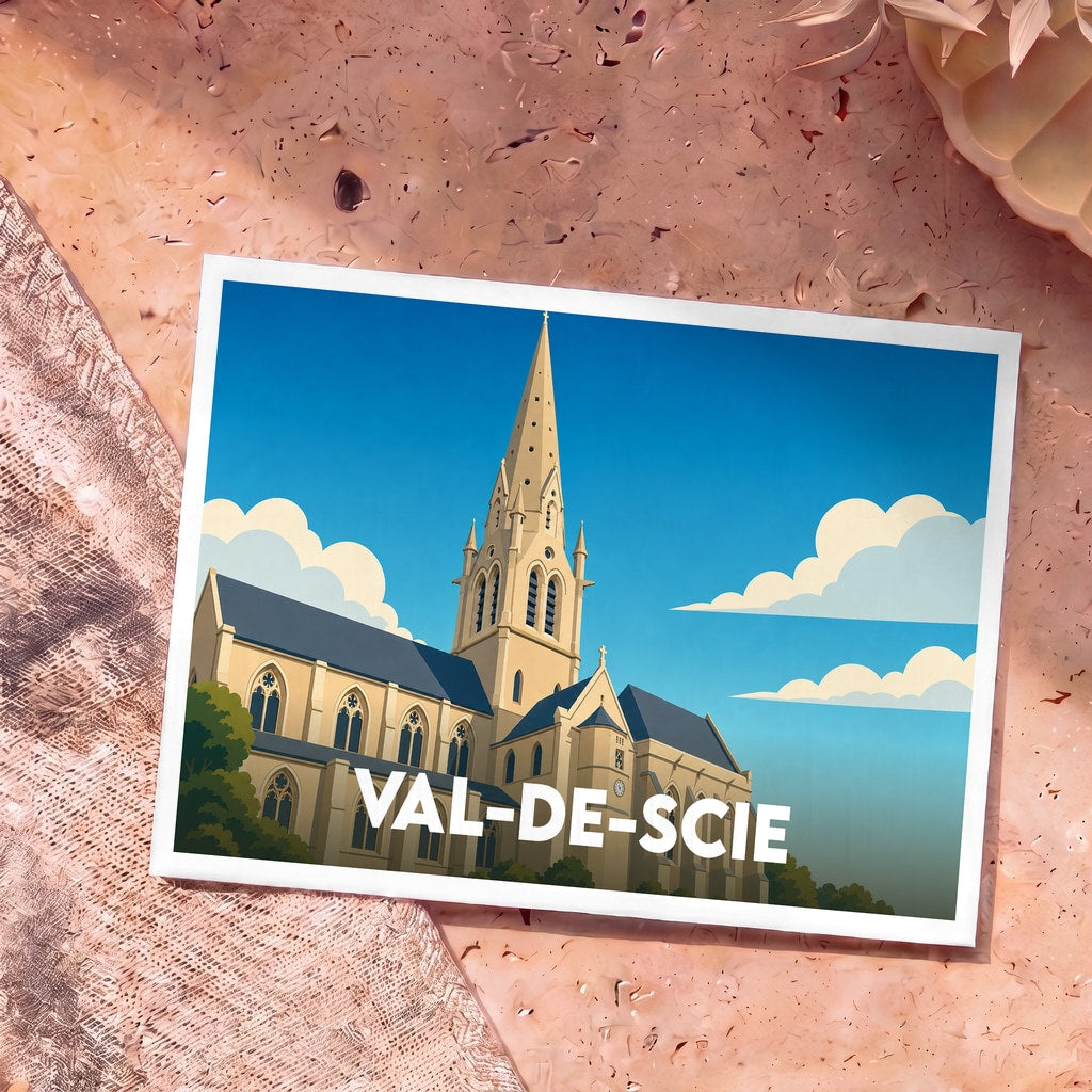 Carte postale souvenir de la ville de Val-de-Scie représentant son église avec une illustration stylisée.