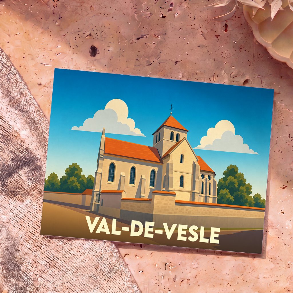 Carte postale souvenir de la ville de Val-de-Vesle avec une illustration stylisée de son église.