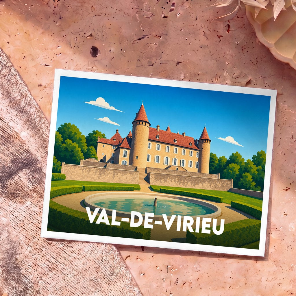 Carte postale souvenir de Val-de-Virieu illustrant son château et ses jardins avec un style graphique épuré.