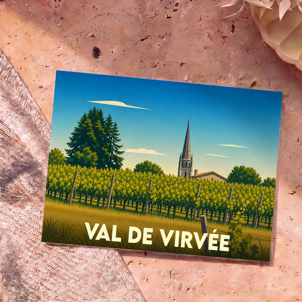 Carte postale souvenir de Val de Virvée illustrant un vignoble et son église dans un style graphique épuré.