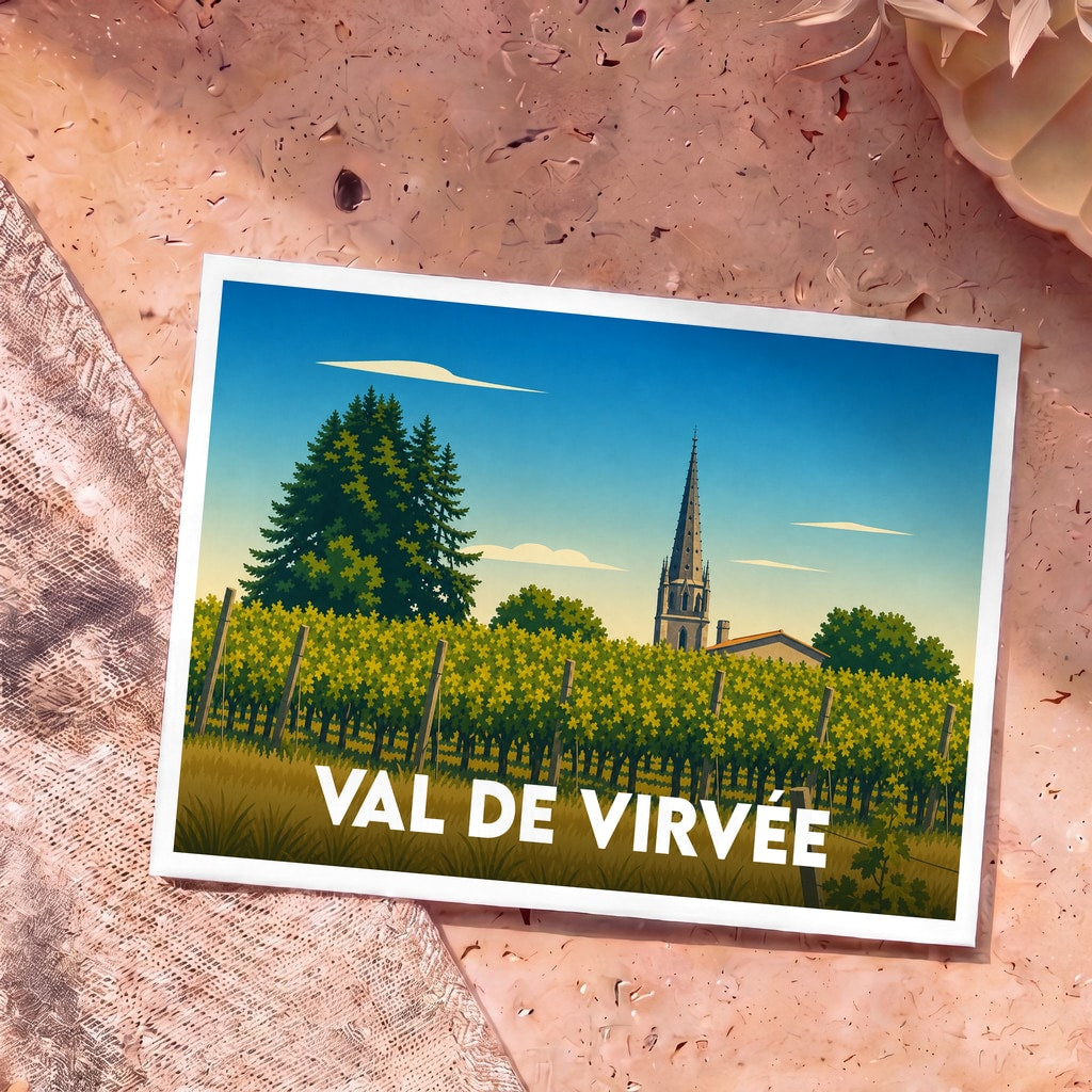 Carte postale souvenir de Val de Virvée illustrant un vignoble et son église dans un style graphique épuré.