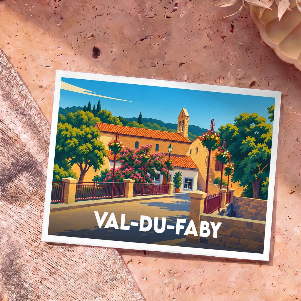 Carte postale souvenir de Val-du-Faby avec une illustration colorée et stylisée du village.