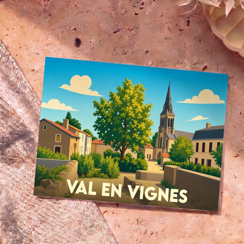 Carte postale souvenir de la commune de Val en Vignes avec une illustration stylisée du village.
