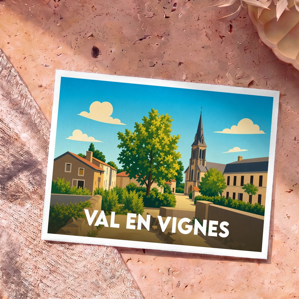 Carte postale souvenir de la commune de Val en Vignes avec une illustration stylisée du village.