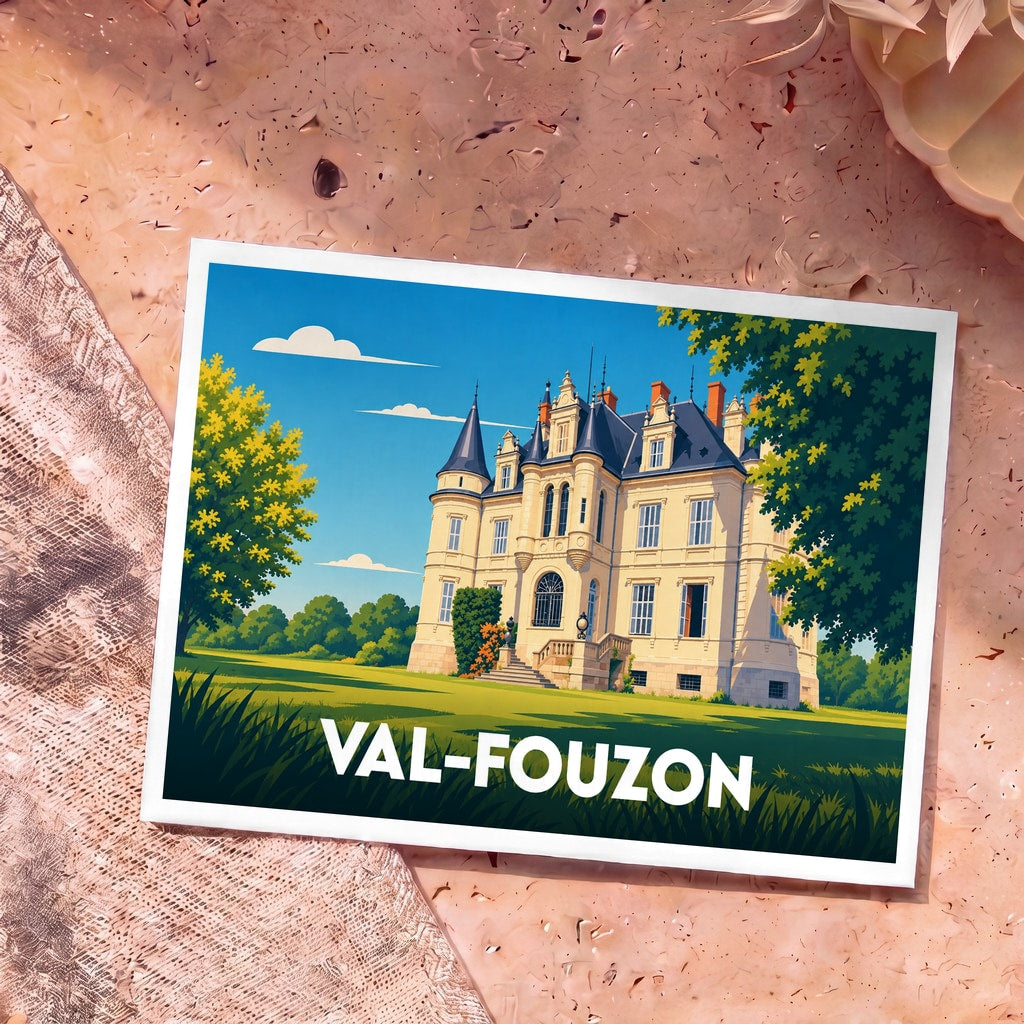Carte postale souvenir de la ville de Val-Fouzon avec une illustration stylisée d'un château.