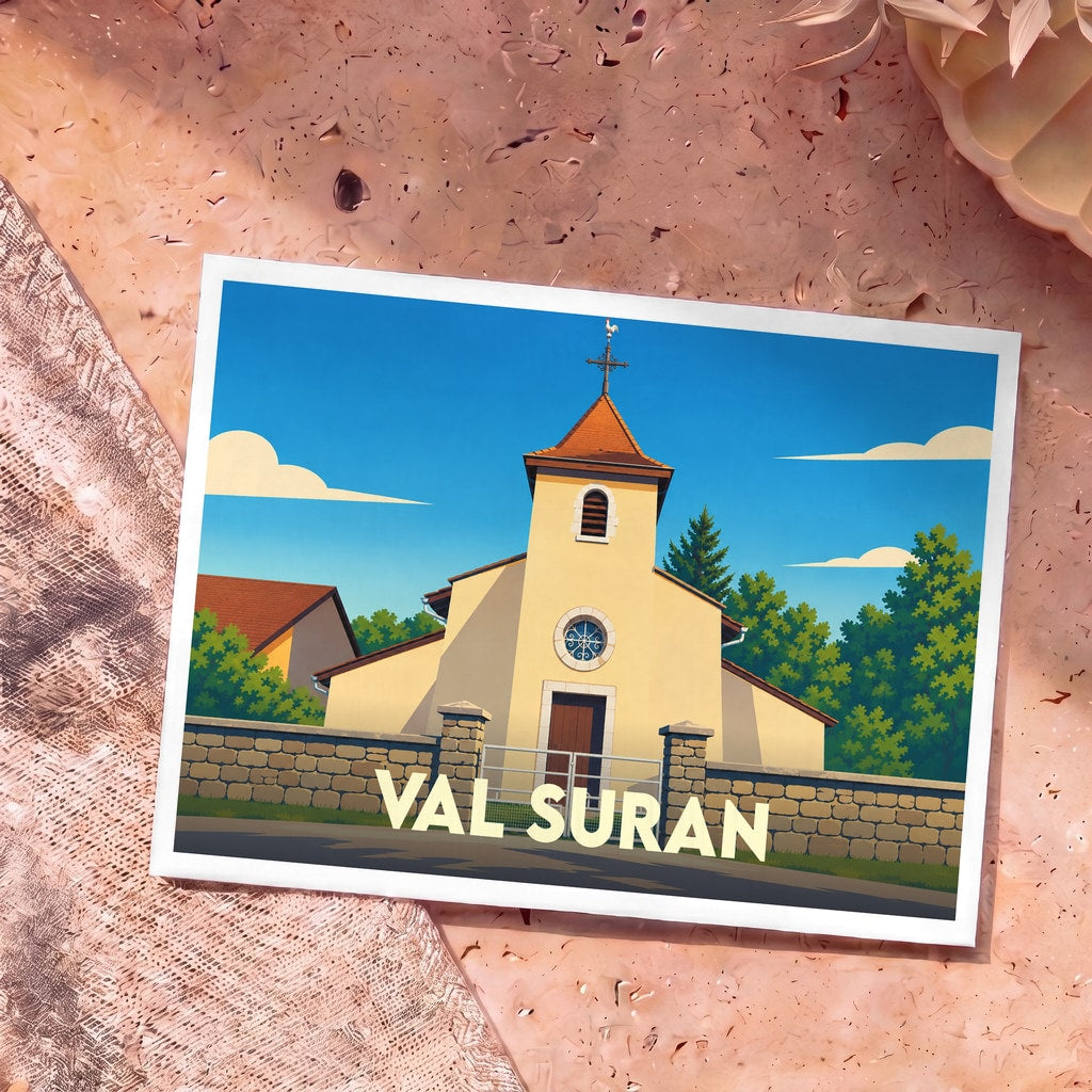 Carte postale souvenir de la ville de Val Suran avec une illustration stylisée de son église.