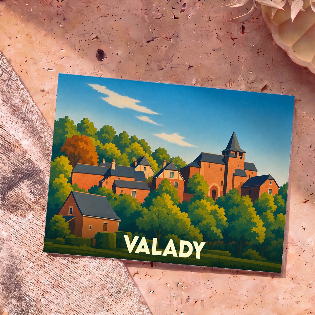Carte postale souvenir de la ville de Valady avec une illustration stylisée de ses maisons en pierre et de son église nichées dans la verdure.