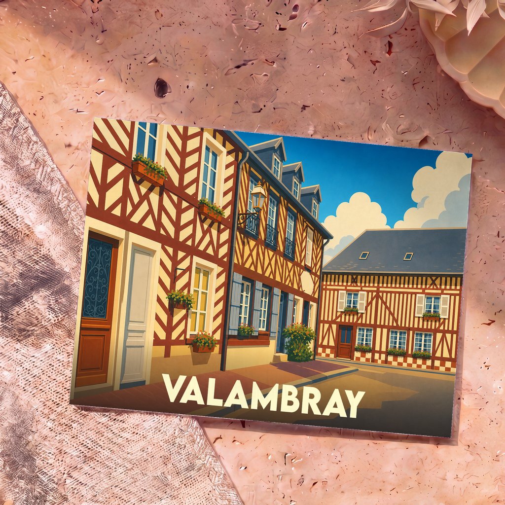 Carte postale souvenir de la ville de Valambray avec une illustration stylisée de maisons à colombages.