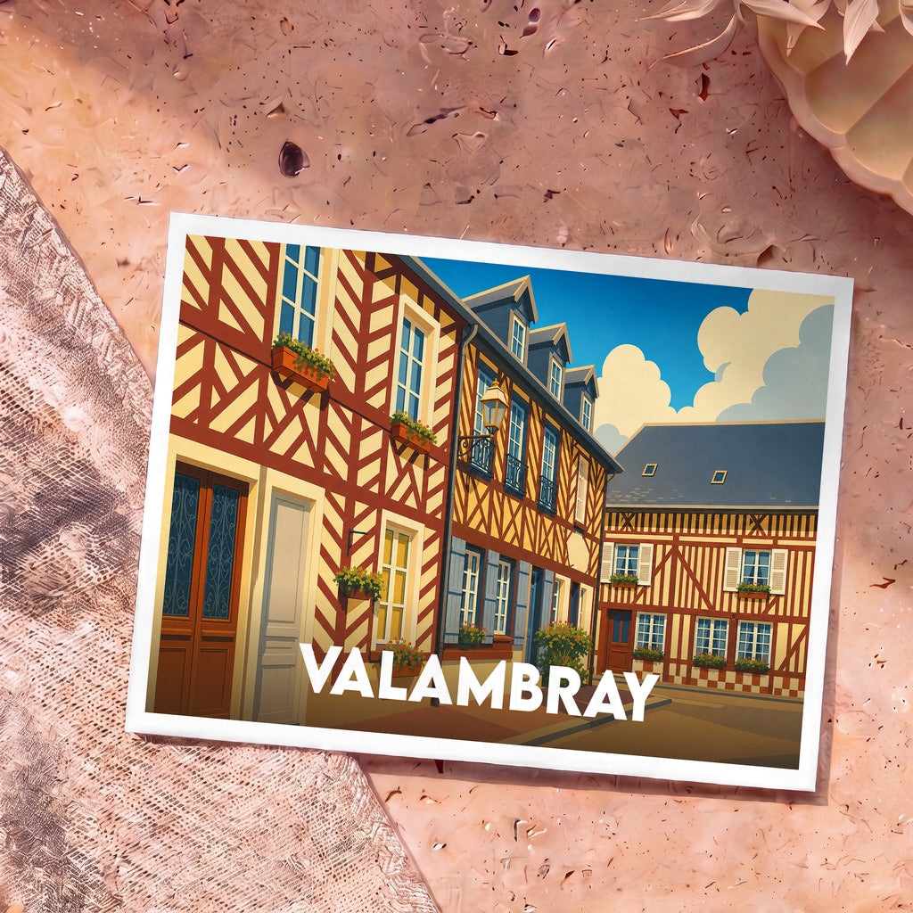 Carte postale souvenir de la ville de Valambray avec une illustration stylisée de maisons à colombages.