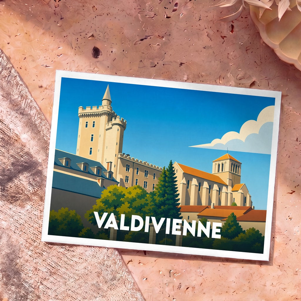 Carte postale souvenir de la ville de Valdivienne avec une illustration stylisée de son patrimoine architectural.