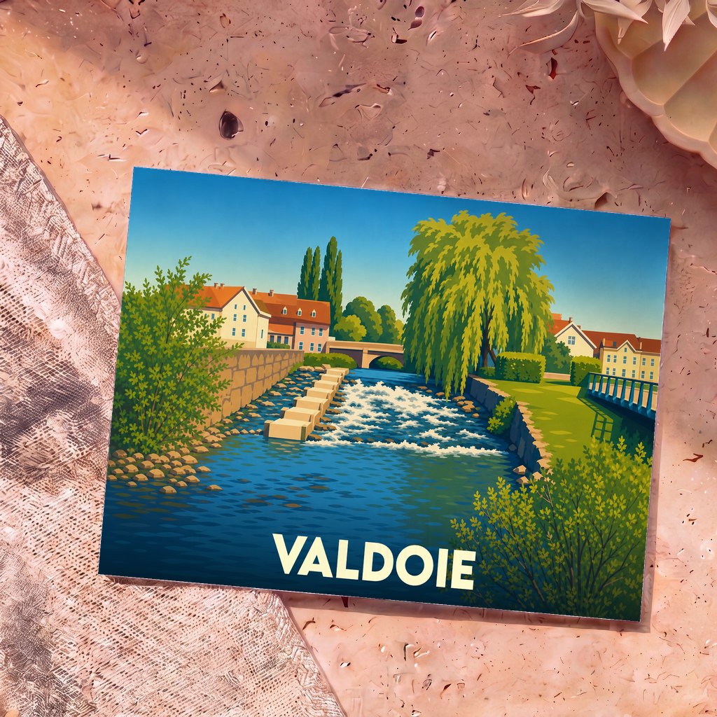 Carte postale souvenir de la ville de Valdoie avec une illustration colorée et stylisée d'une rivière traversant la commune.