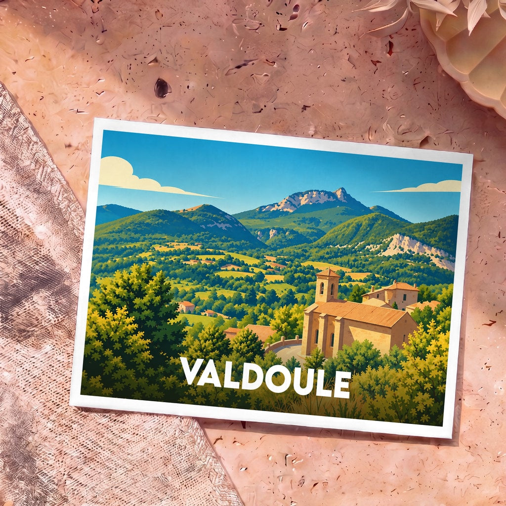 Carte postale souvenir de Valdoule avec une illustration stylisée d'un paysage provençal vallonné.