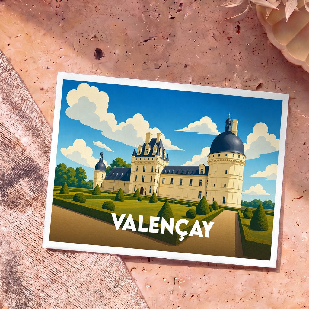 Carte postale souvenir de la ville de Valençay présentant une illustration stylisée de son château et de ses jardins.