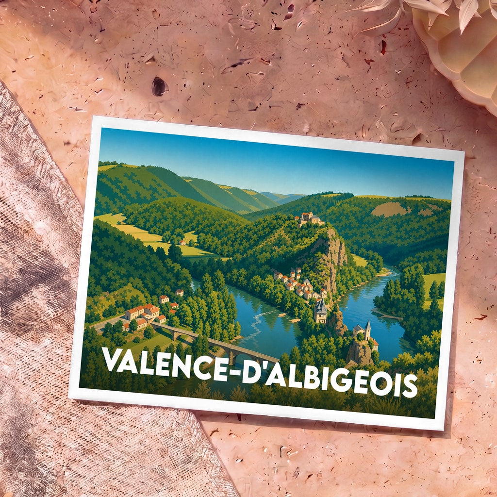 Carte postale souvenir de la ville de Valence-d'Albigeois avec une illustration stylisée d'un village niché dans une vallée verdoyante.