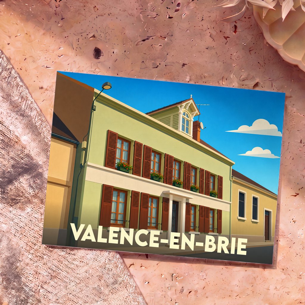 Carte postale souvenir de la ville de Valence-en-Brie avec une illustration stylisée d'un bâtiment traditionnel.
