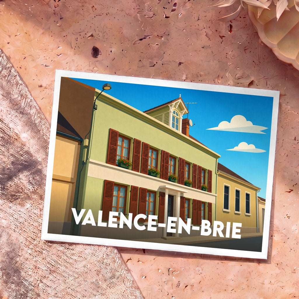 Carte postale souvenir de la ville de Valence-en-Brie avec une illustration stylisée d'un bâtiment traditionnel.