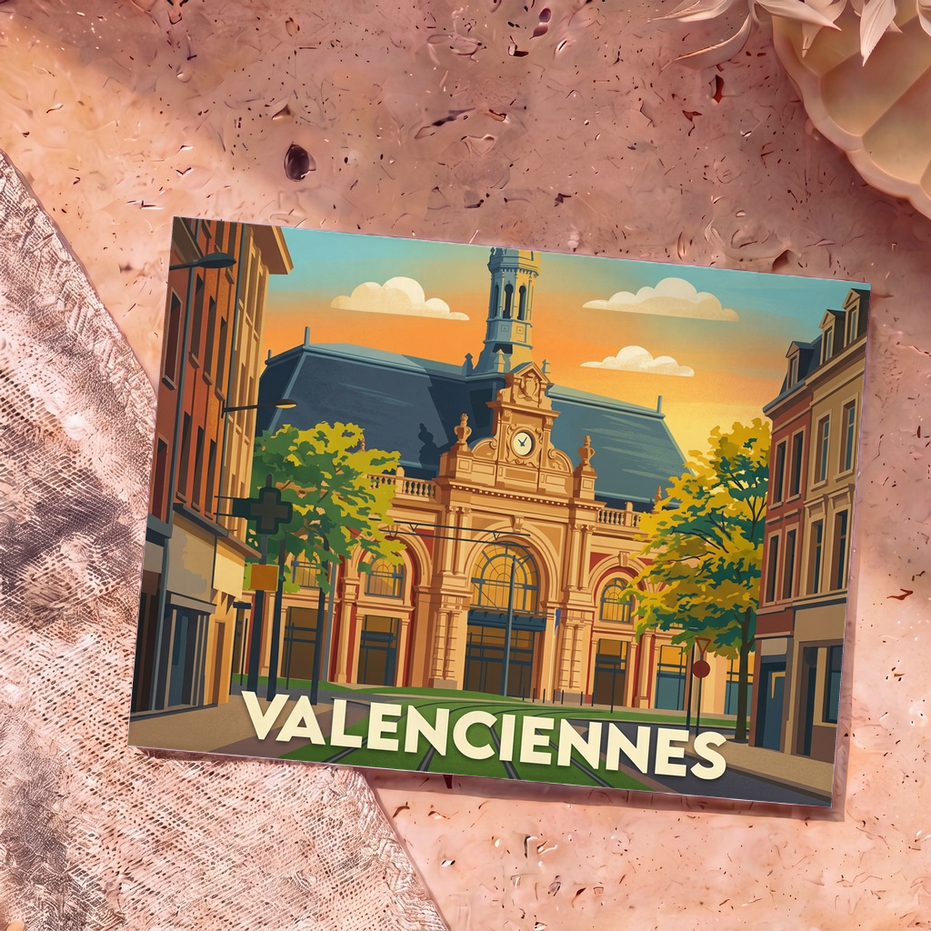 Carte postale souvenir de la ville de Valenciennes avec une illustration stylisée de sa gare sous un coucher de soleil.