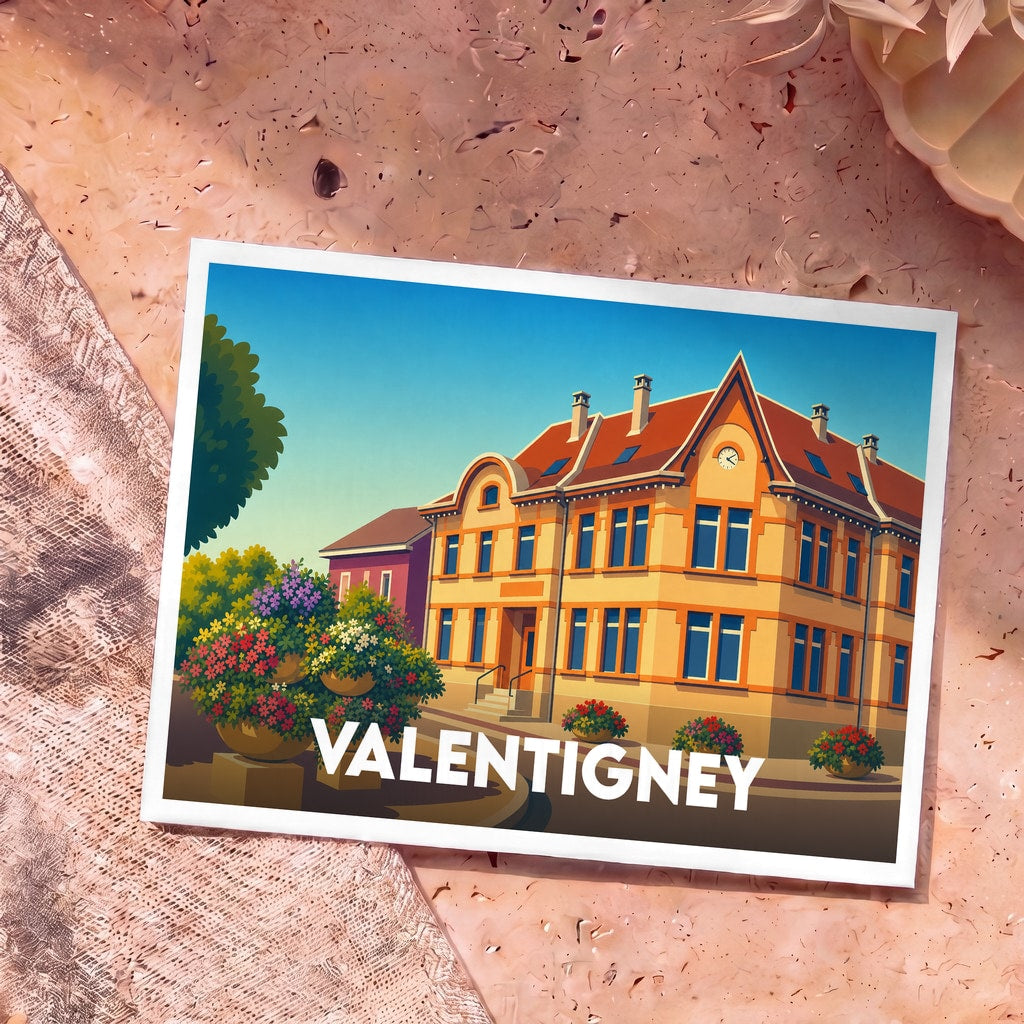 Carte postale souvenir de la ville de Valentigney avec une illustration colorée et stylisée d'un bâtiment historique.