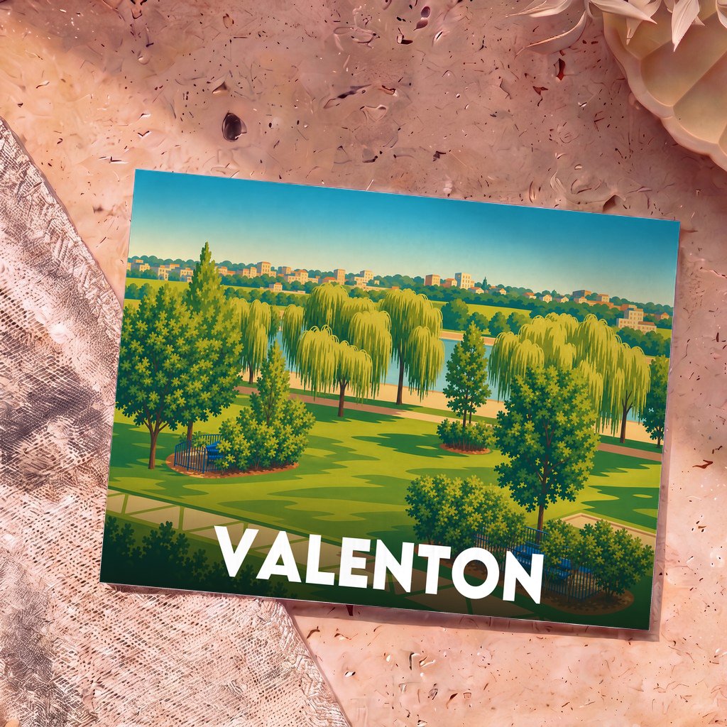 Carte postale souvenir de la ville de Valenton avec une illustration stylisée d'un parc arboré.