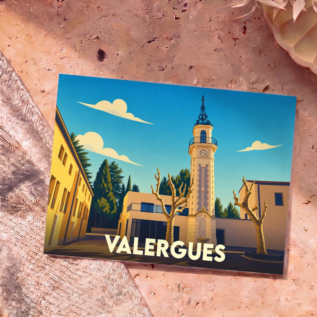 Carte postale souvenir de la ville de Valergues avec une illustration stylisée.