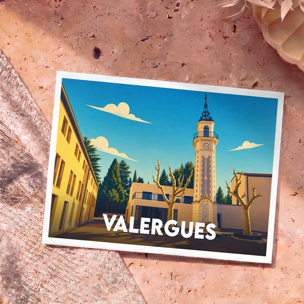 Carte postale souvenir de la ville de Valergues avec une illustration stylisée.