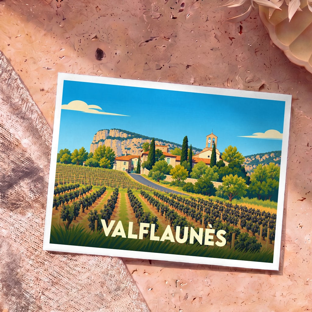 Carte postale souvenir de la ville de Valflaunès illustrant ses vignobles et son église avec un style graphique épuré.