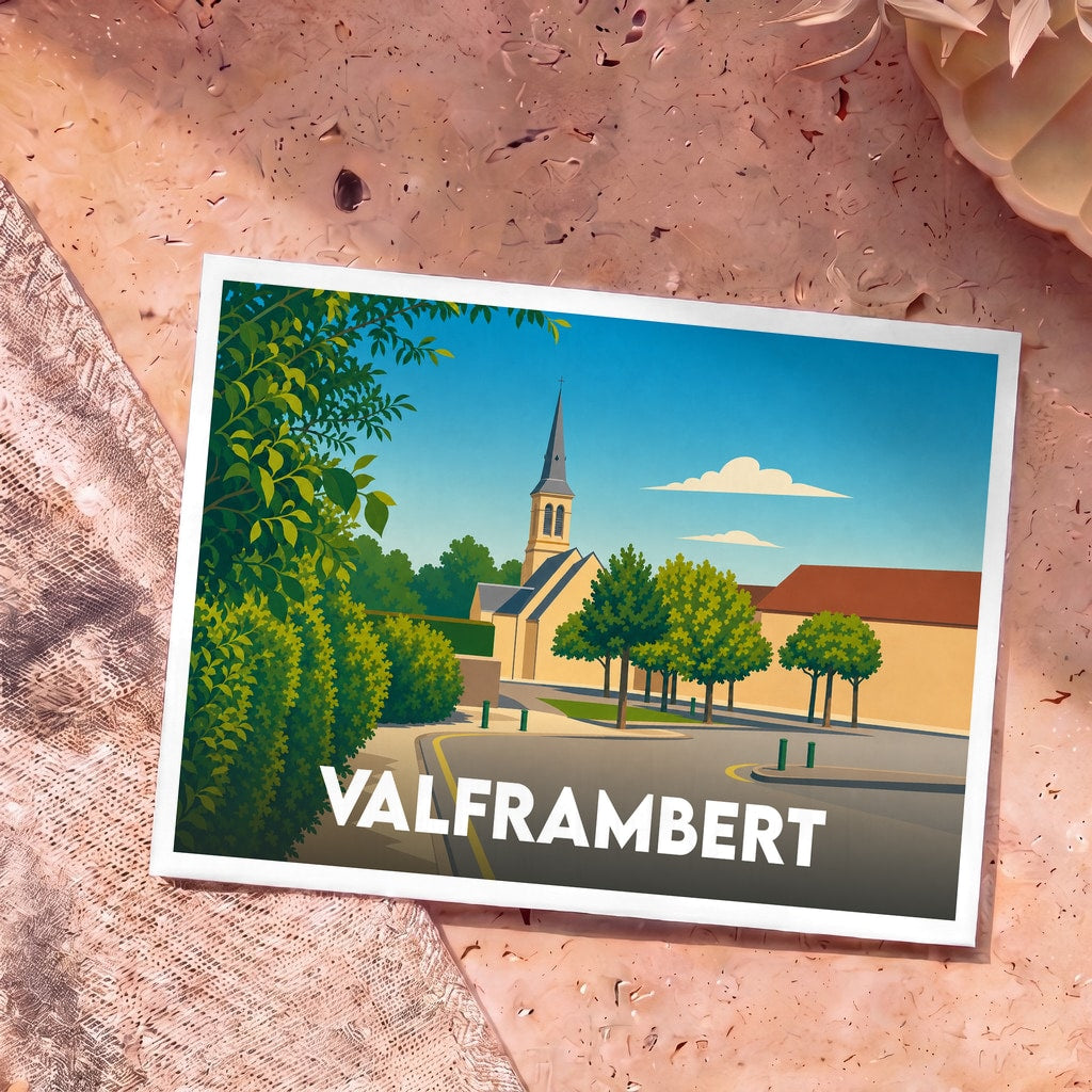 Carte postale souvenir de la ville de Valframbert avec une illustration stylisée montrant son église et sa place arborée.