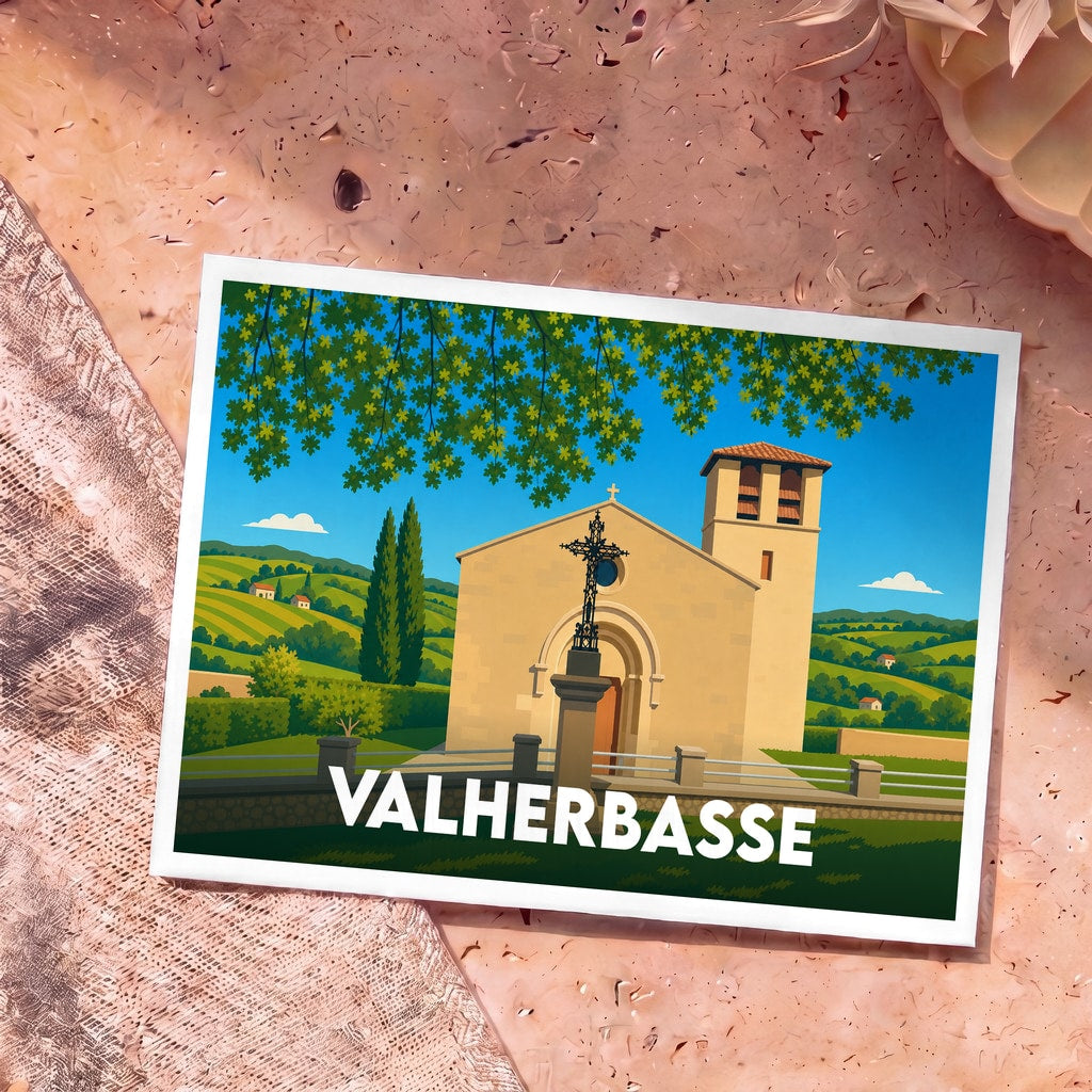 Carte postale souvenir de la ville de Valherbasse avec une illustration stylisée de son église et de son paysage vallonné.
